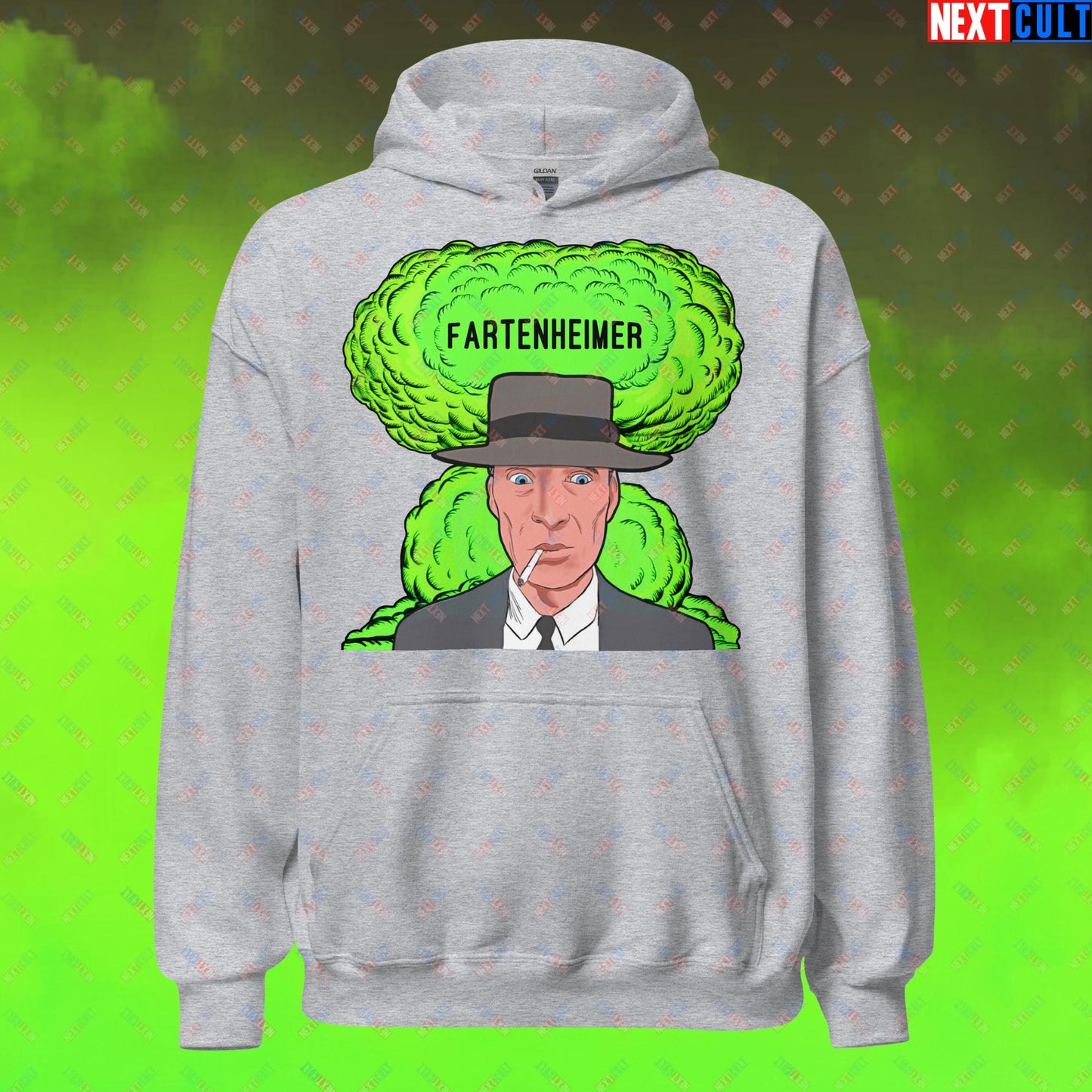 Fartenheimer Hoodie - Funny Fart Meme Sweatshirt Inspired by Oppenheimer & Nuclear Explosions - Toilet Humor Pullover Featuring Cillian Murphy Parody - Perfect Gift for Meme Lovers Unisex Hoodie Sport Grey Hoodies Cillian Murphy Movies Oppenheimer Next Cult Brand