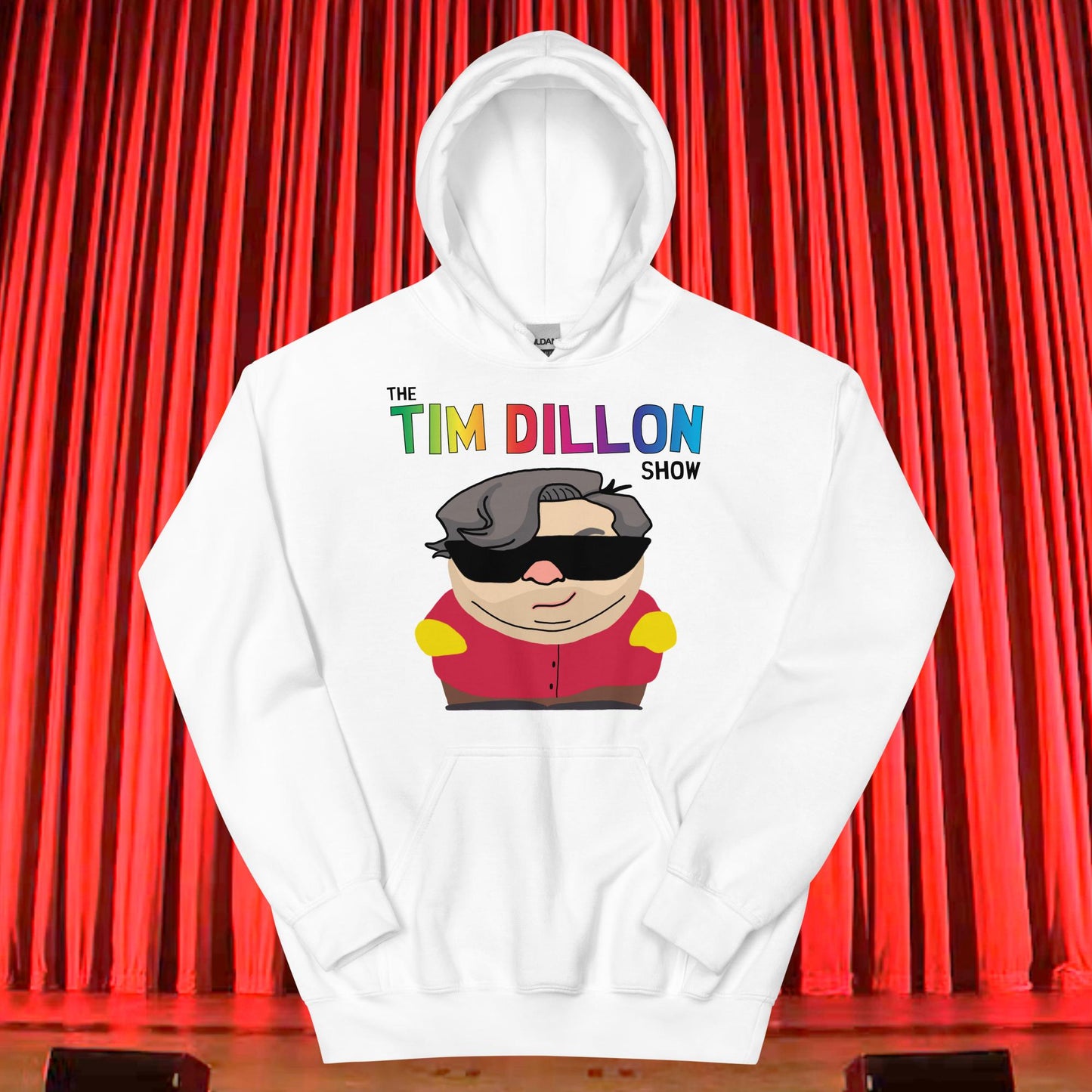 Tim Dillon Cartman, Southpark, The Tim Dillon Show, Tim Dillon Podcast, Tim Dillon Merch, Tim Dillon Unisex Hoodie White Hoodies Podcasts Stand-up Comedy Tim Dillon Next Cult Brand