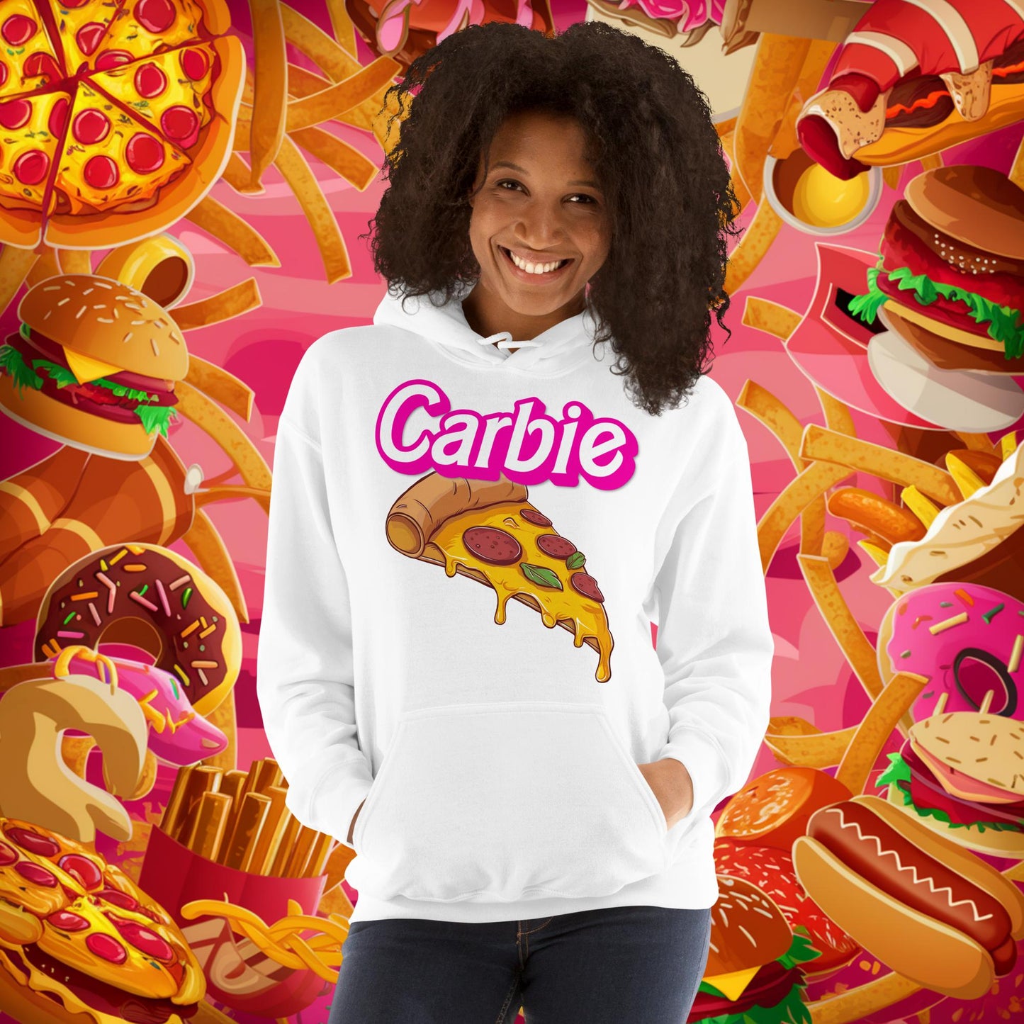 Carbie Barbie I Love Carbs I Love Pizza Unisex Hoodie White Hoodies Barbie Carbie Fast Food Ken Movies Pizza Next Cult Brand