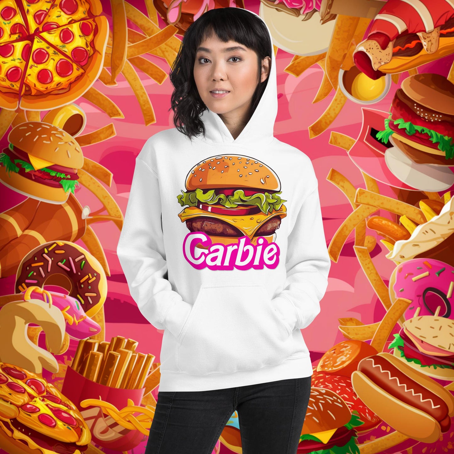 Carbie Barbie Cheeseburger Unisex Hoodie White Hoodies Barbie Burgers Carbie Fast Food Movies Next Cult Brand
