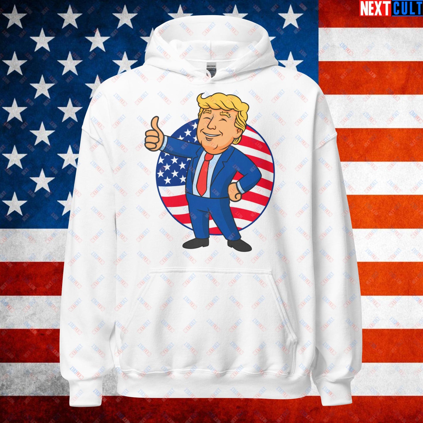 President Boy Donald Trump Politics Vault Boy Fallout Funny Meme Cartoon Mashup Unisex Hoodie White Hoodies Donald Trump Fallout Politics Republicans Vault Boy Next Cult Brand