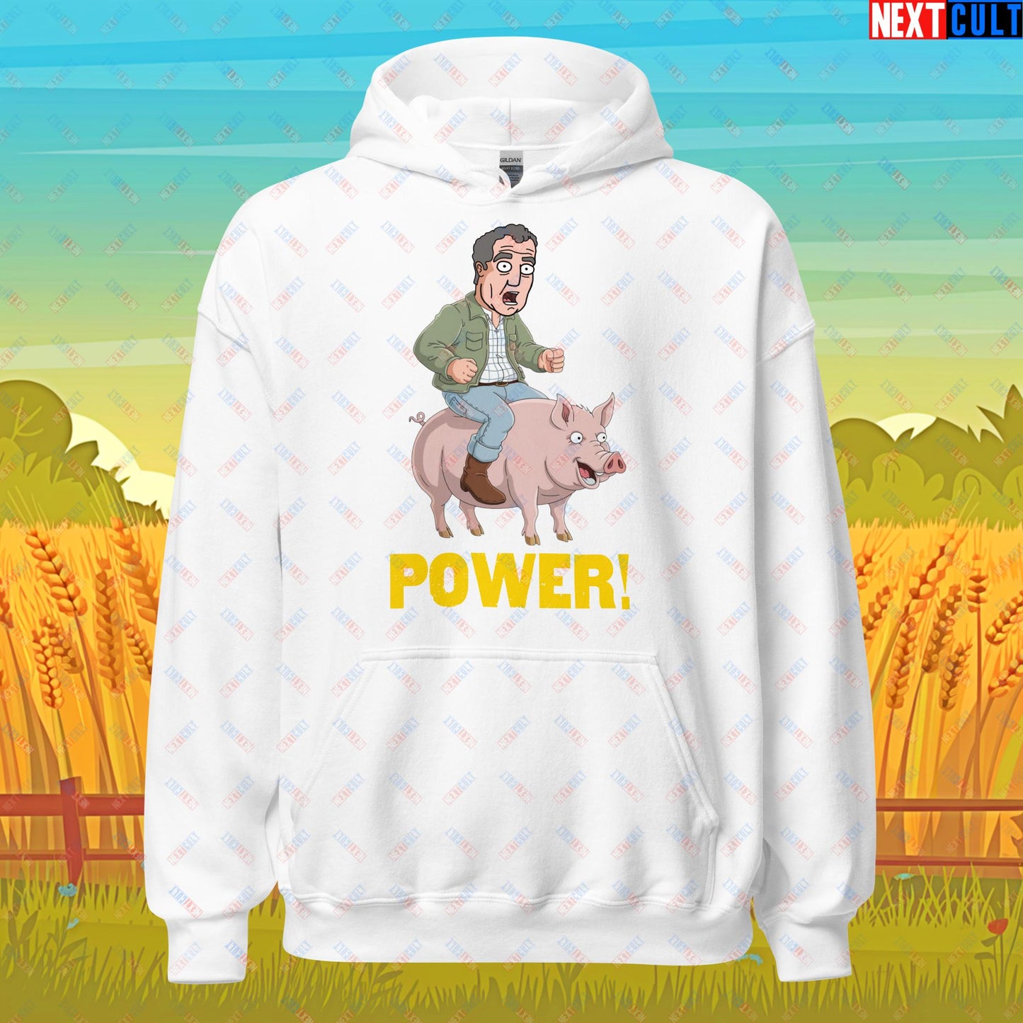 Power Pig Farming Jeremy Clarkson's Farm Diddly Squat Grand Tour Top Gear Funny Meme Cartoon Unisex Hoodie White Hoodies Clarkson's Farm Grand Tour Jeremy Clarkson Top Gear TV Shows Next Cult Brand