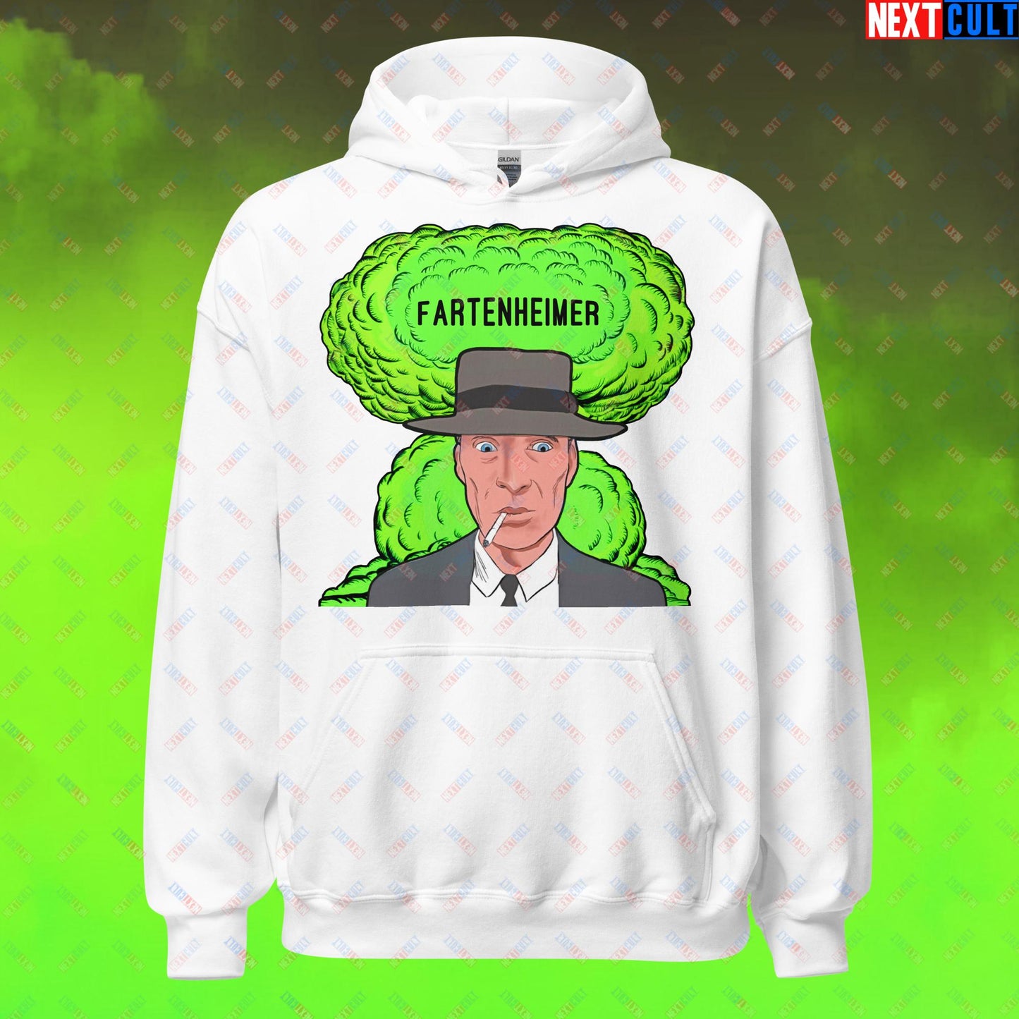 Fartenheimer Hoodie - Funny Fart Meme Sweatshirt Inspired by Oppenheimer & Nuclear Explosions - Toilet Humor Pullover Featuring Cillian Murphy Parody - Perfect Gift for Meme Lovers Unisex Hoodie White Hoodies Cillian Murphy Movies Oppenheimer Next Cult Brand