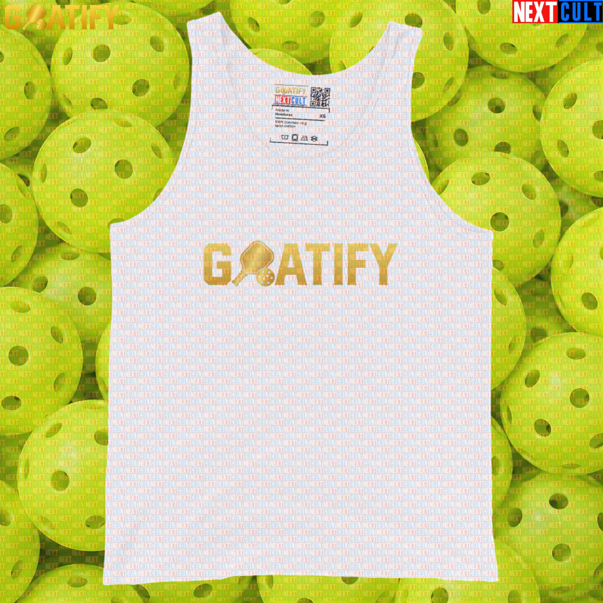 Pickleball GOAT Tank Top Golden Paddle & Ball Athletic Shirt for Players & Fans | GOATIFY White Tank Tops Next Cult Brand