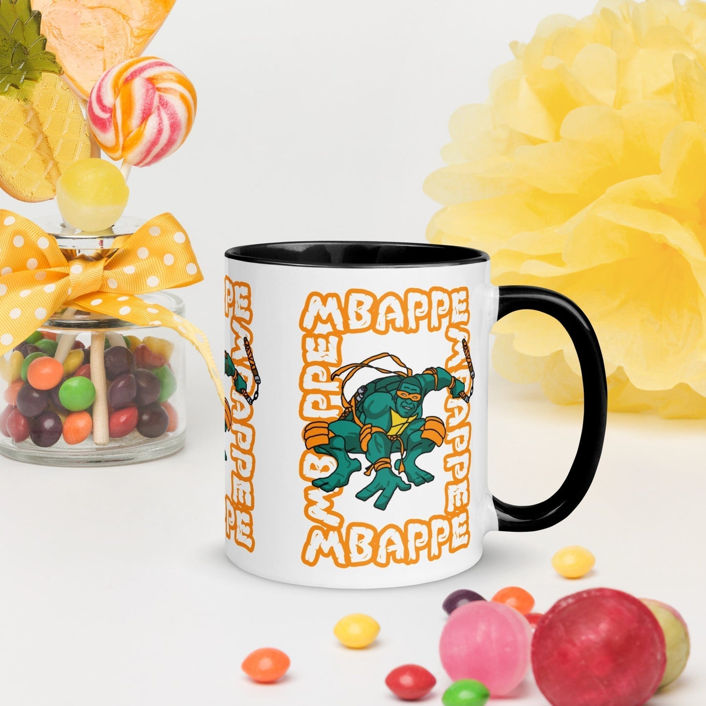 Kylian Mbappe Orange Ninja Turtle Michelangelo Mug with Color Inside Black Mugs Football Kylian Mbappe Ninja Turtles PSG Real Madrid Next Cult Brand
