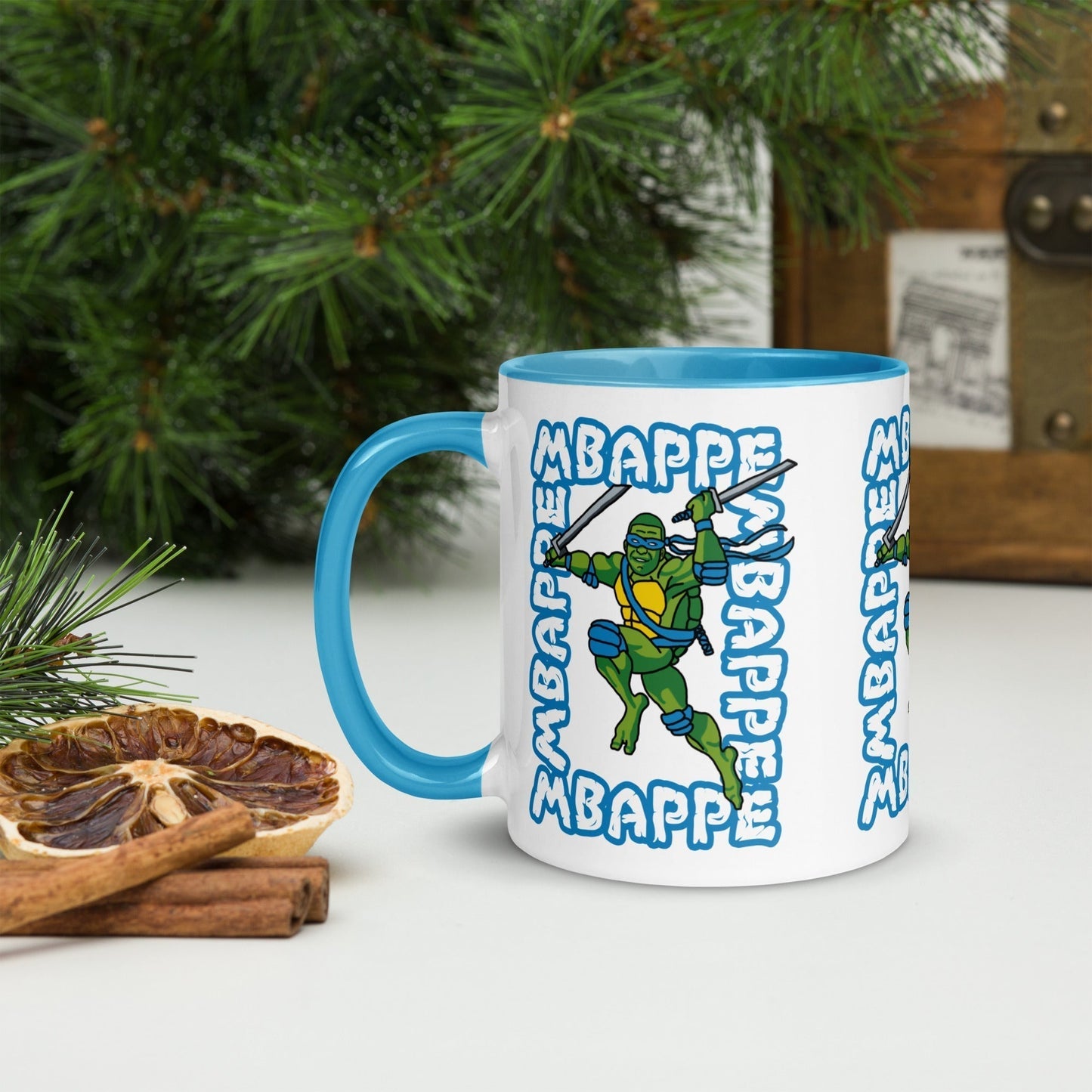 Kylian Mbappe Blue Ninja Turtle Leonardo Mug with Color Inside Blue Mugs Football Kylian Mbappe Ninja Turtles PSG Real Madrid Next Cult Brand