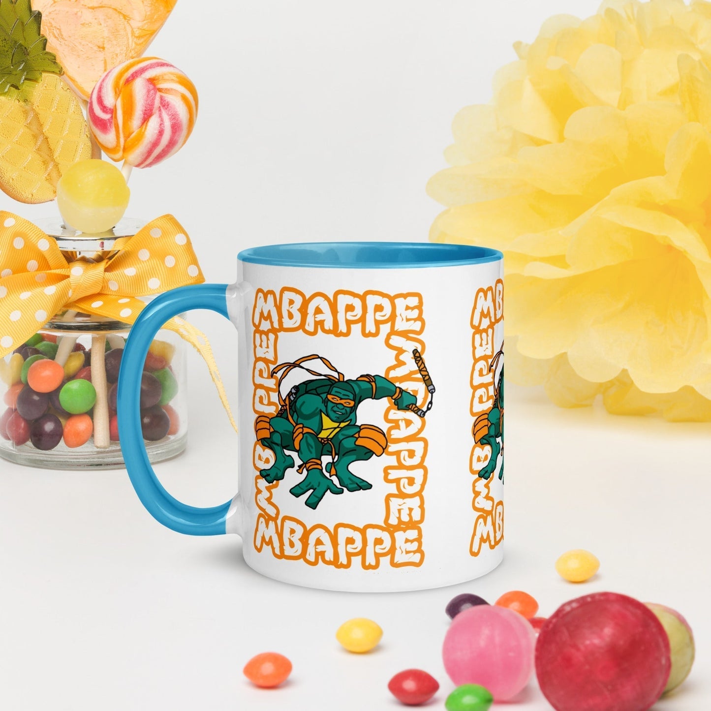Kylian Mbappe Orange Ninja Turtle Michelangelo Mug with Color Inside Mugs Football Kylian Mbappe Ninja Turtles PSG Real Madrid Next Cult Brand
