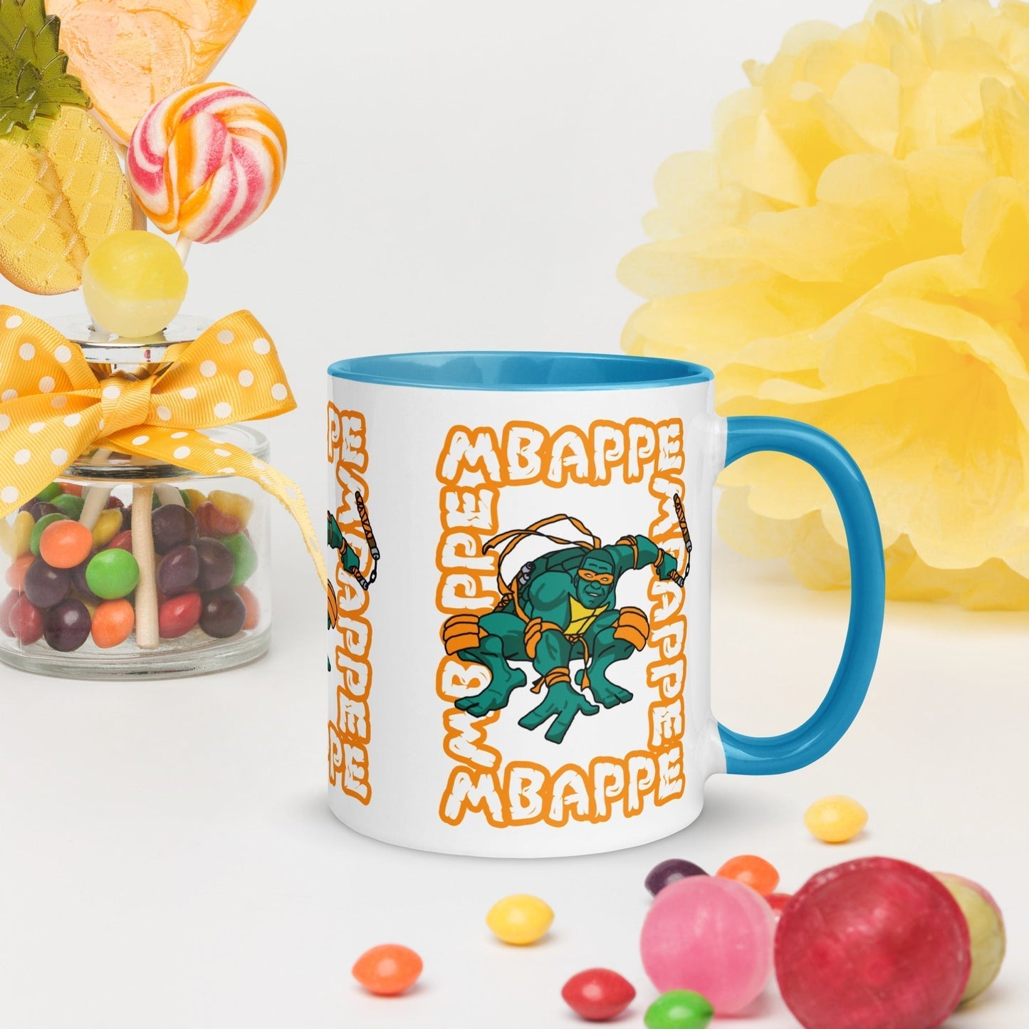 Kylian Mbappe Orange Ninja Turtle Michelangelo Mug with Color Inside Blue Mugs Football Kylian Mbappe Ninja Turtles PSG Real Madrid Next Cult Brand