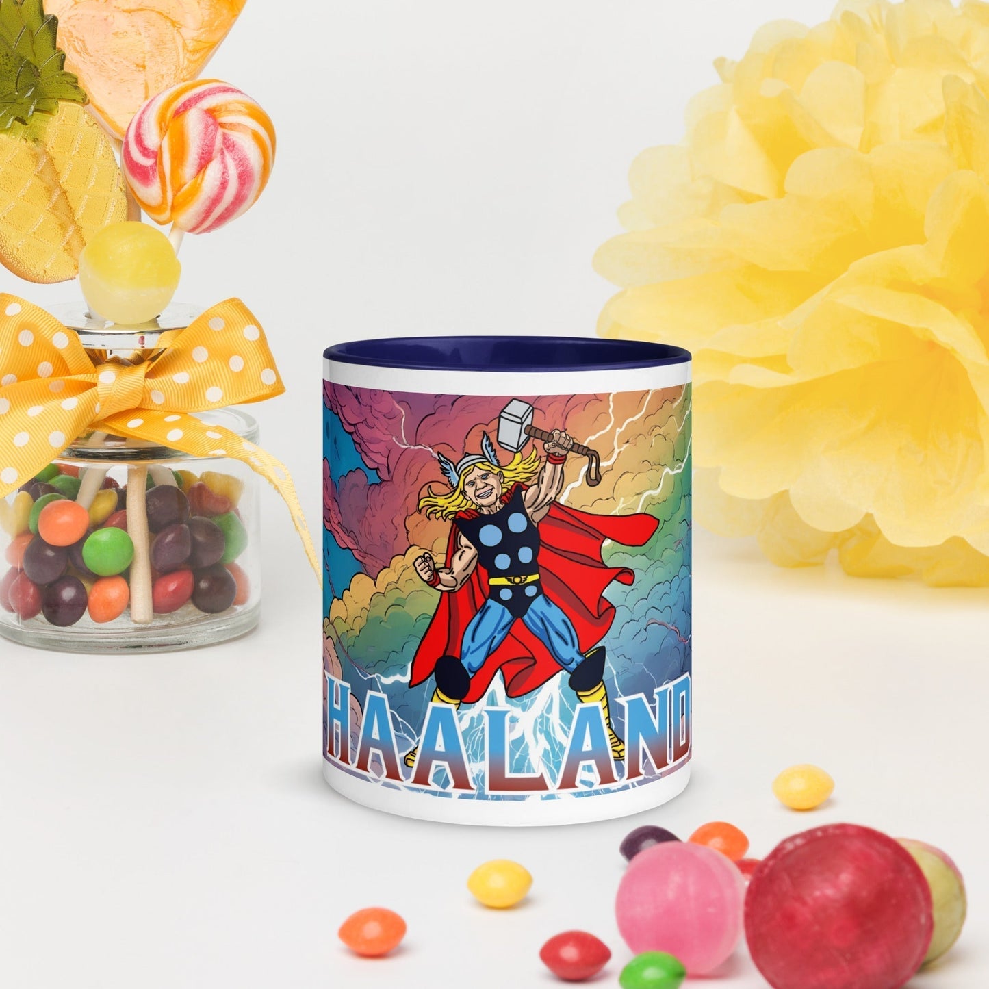 Erling Haaland Thor Avenger Manchester City Funny Football/ Soccer Meme Mug with Color Inside Dark Blue Mugs Erling Haaland Football Manchester City Thor Next Cult Brand