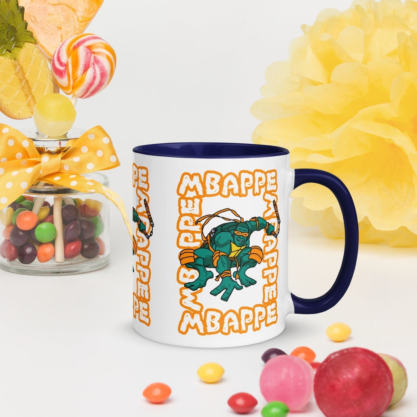 Kylian Mbappe Orange Ninja Turtle Michelangelo Mug with Color Inside Dark Blue Mugs Football Kylian Mbappe Ninja Turtles PSG Real Madrid Next Cult Brand