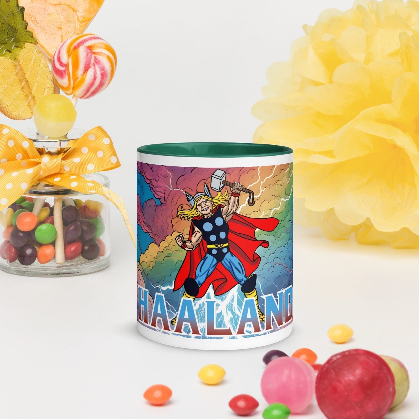 Erling Haaland Thor Avenger Manchester City Funny Football/ Soccer Meme Mug with Color Inside Dark green Mugs Erling Haaland Football Manchester City Thor Next Cult Brand