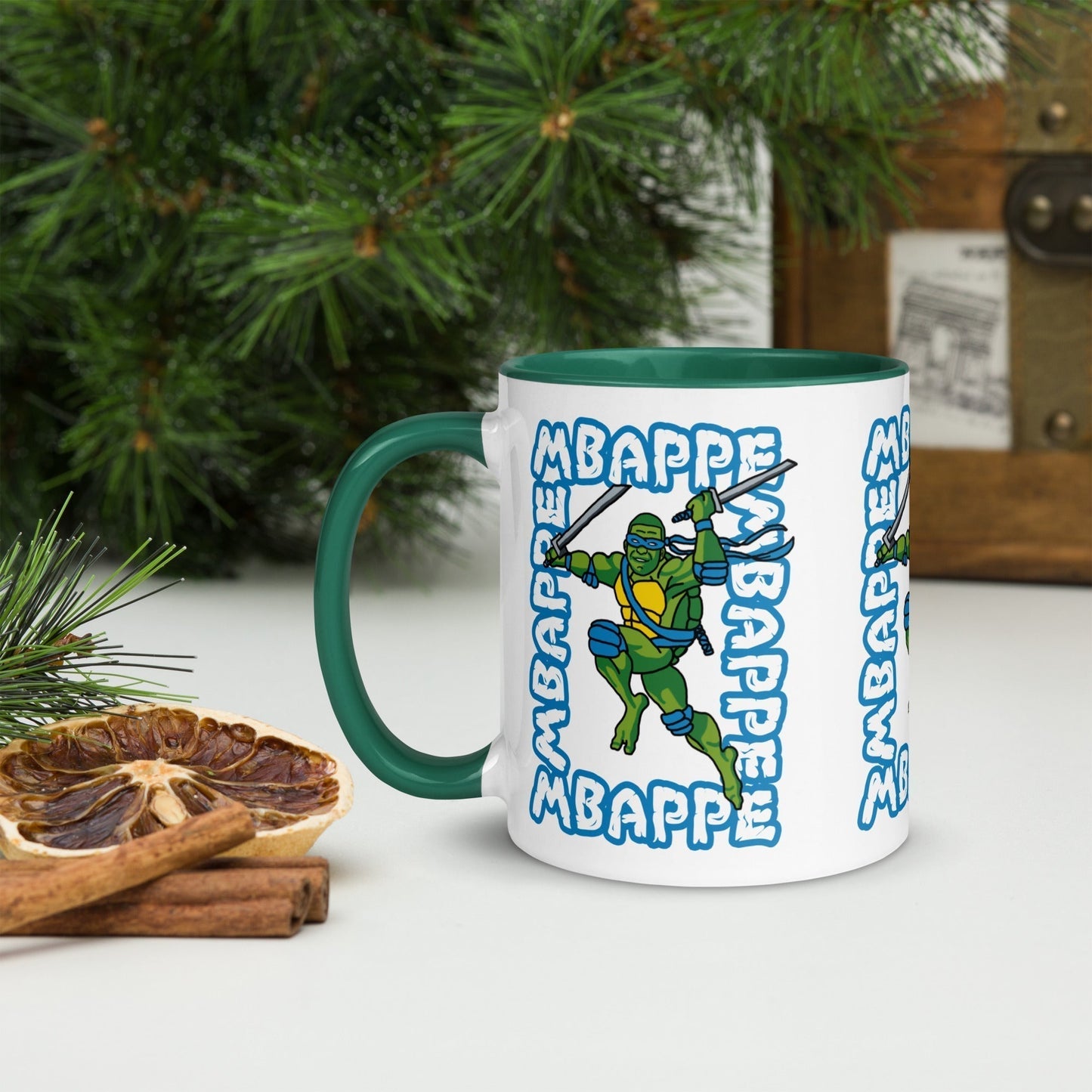 Kylian Mbappe Blue Ninja Turtle Leonardo Mug with Color Inside Dark green Mugs Football Kylian Mbappe Ninja Turtles PSG Real Madrid Next Cult Brand
