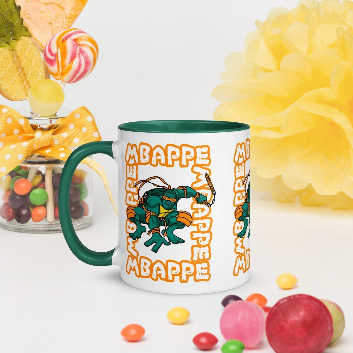 Kylian Mbappe Orange Ninja Turtle Michelangelo Mug with Color Inside Mugs Football Kylian Mbappe Ninja Turtles PSG Real Madrid Next Cult Brand