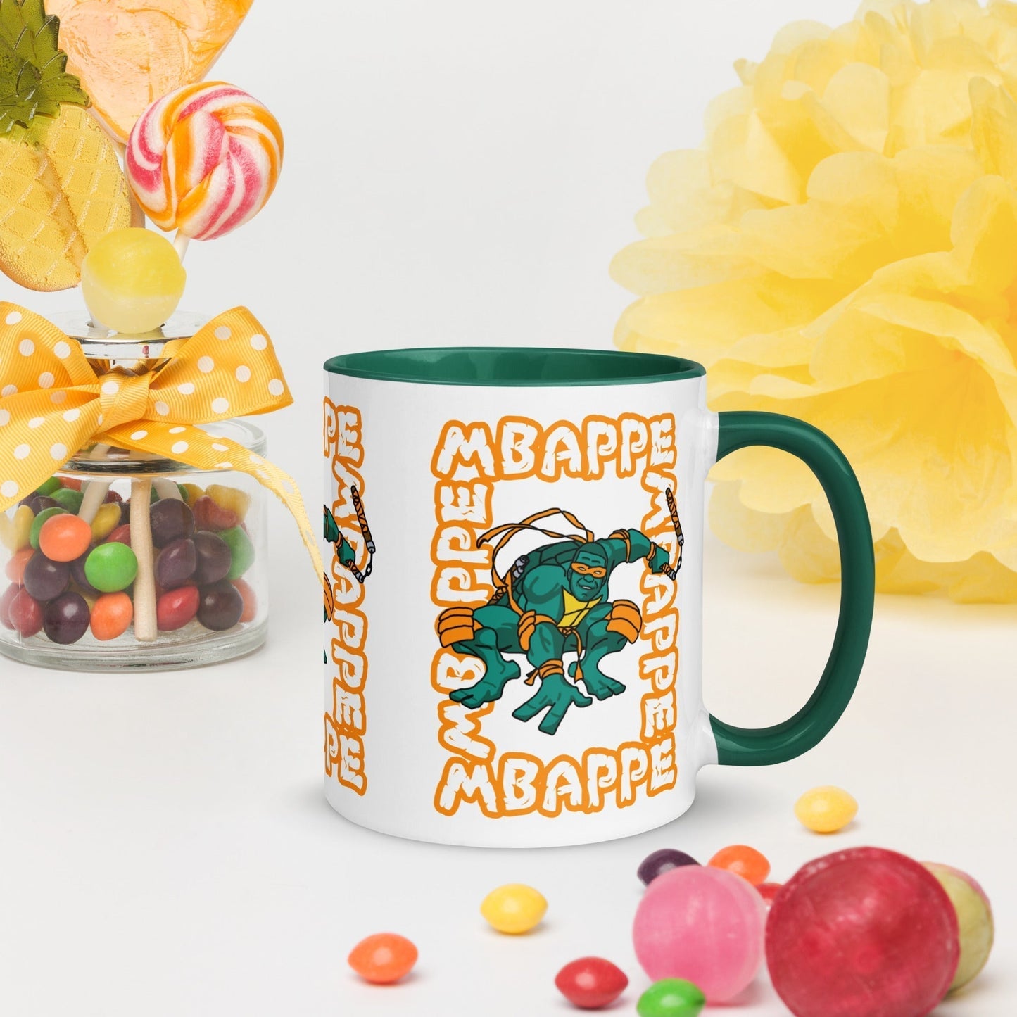 Kylian Mbappe Orange Ninja Turtle Michelangelo Mug with Color Inside Dark green Mugs Football Kylian Mbappe Ninja Turtles PSG Real Madrid Next Cult Brand