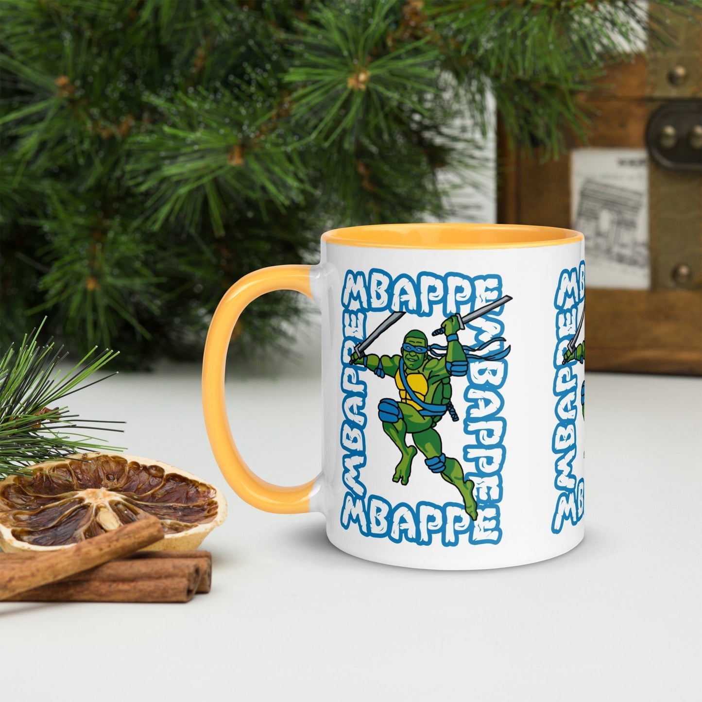 Kylian Mbappe Blue Ninja Turtle Leonardo Mug with Color Inside Golden Yellow Mugs Football Kylian Mbappe Ninja Turtles PSG Real Madrid Next Cult Brand