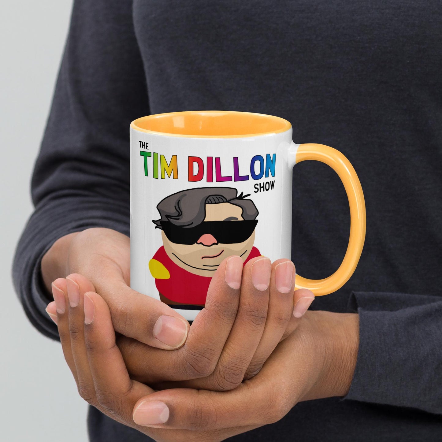 Tim Dillon Cartman, Southpark, The Tim Dillon Show, Tim Dillon Podcast, Tim Dillon Merch, Tim Dillon Mug with Color Inside Golden Yellow Mugs Podcasts Stand-up Comedy Tim Dillon Next Cult Brand