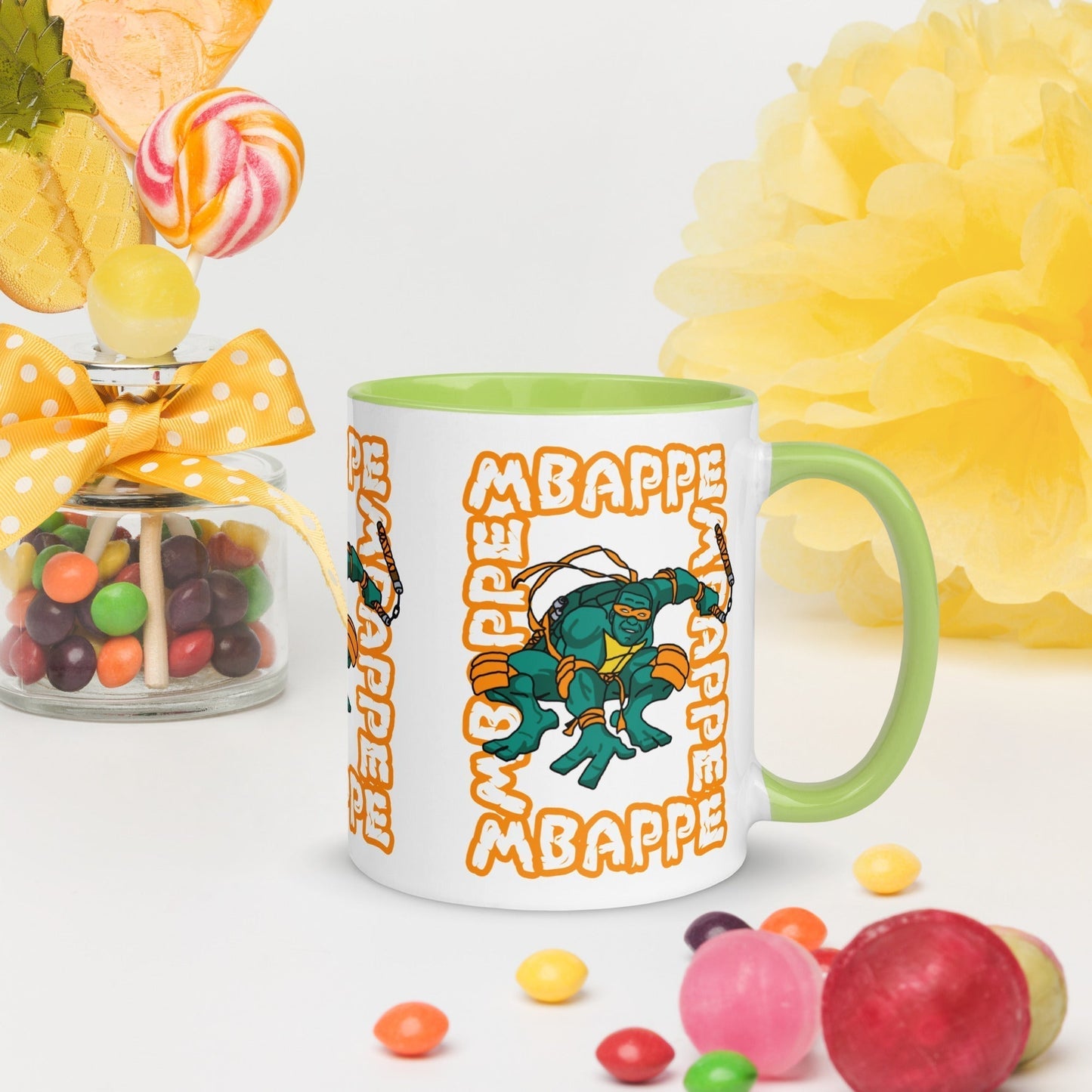 Kylian Mbappe Orange Ninja Turtle Michelangelo Mug with Color Inside Green Mugs Football Kylian Mbappe Ninja Turtles PSG Real Madrid Next Cult Brand