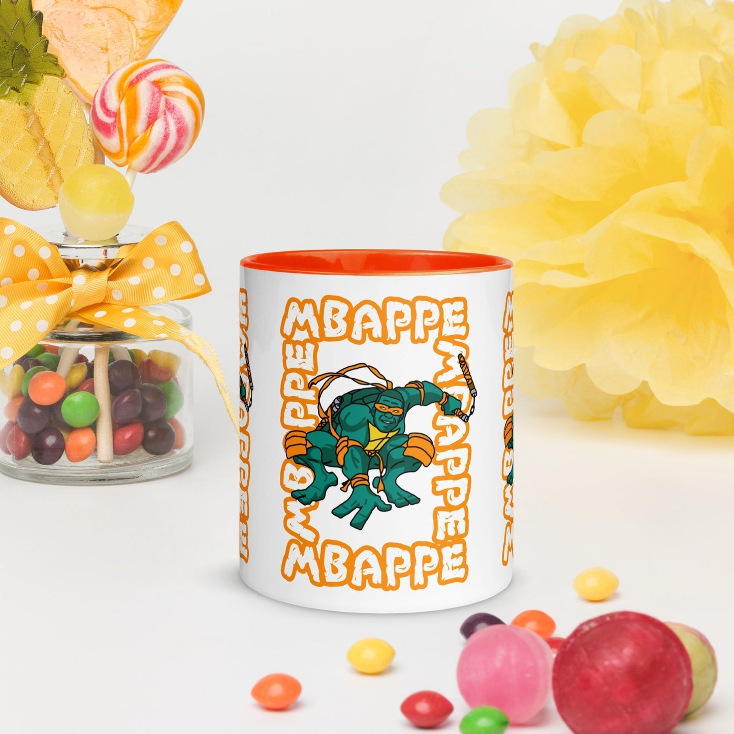 Kylian Mbappe Orange Ninja Turtle Michelangelo Mug with Color Inside Mugs Football Kylian Mbappe Ninja Turtles PSG Real Madrid Next Cult Brand