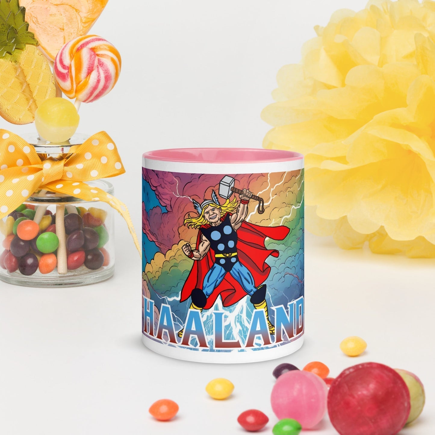 Erling Haaland Thor Avenger Manchester City Funny Football/ Soccer Meme Mug with Color Inside Pink Mugs Erling Haaland Football Manchester City Thor Next Cult Brand