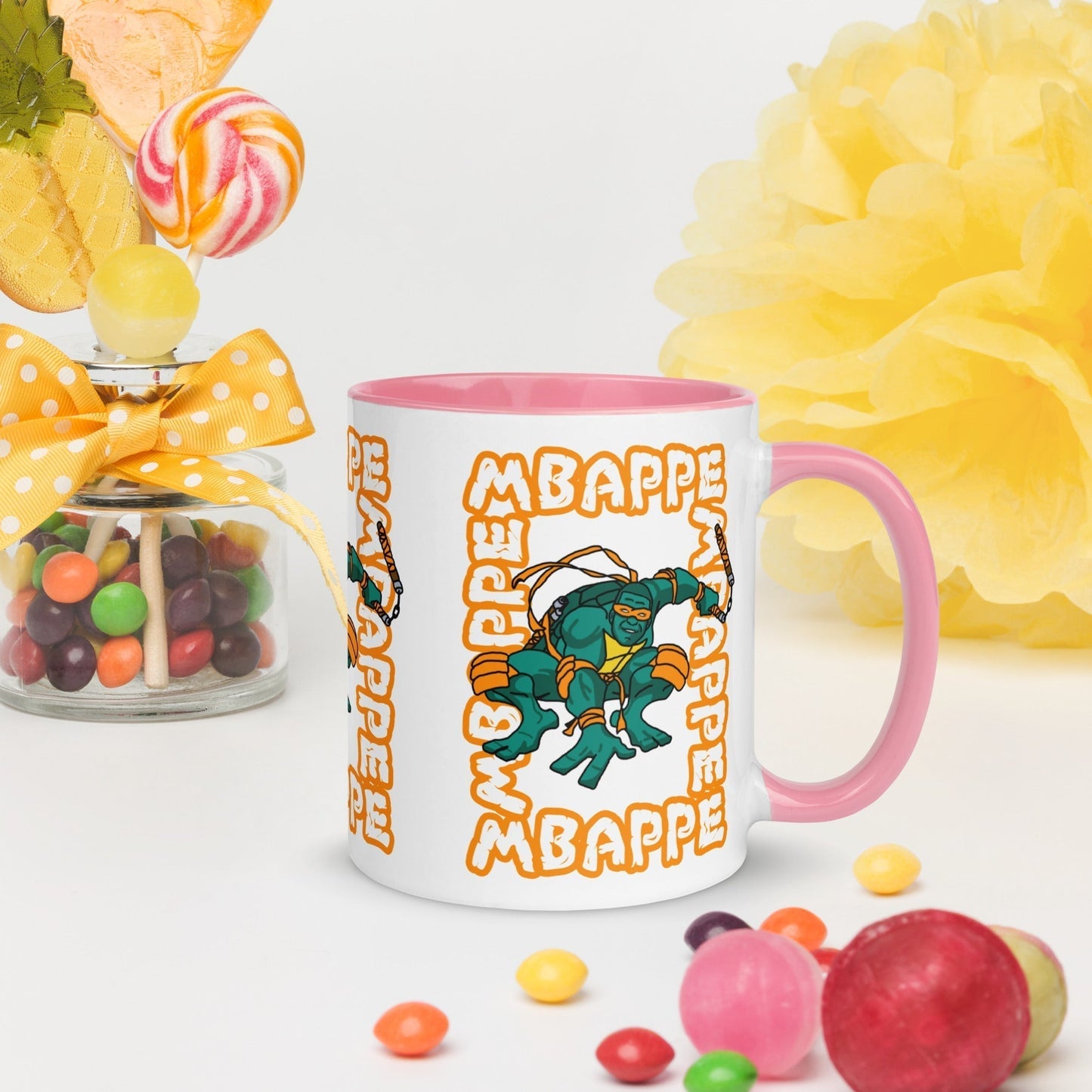 Kylian Mbappe Orange Ninja Turtle Michelangelo Mug with Color Inside Pink Mugs Football Kylian Mbappe Ninja Turtles PSG Real Madrid Next Cult Brand