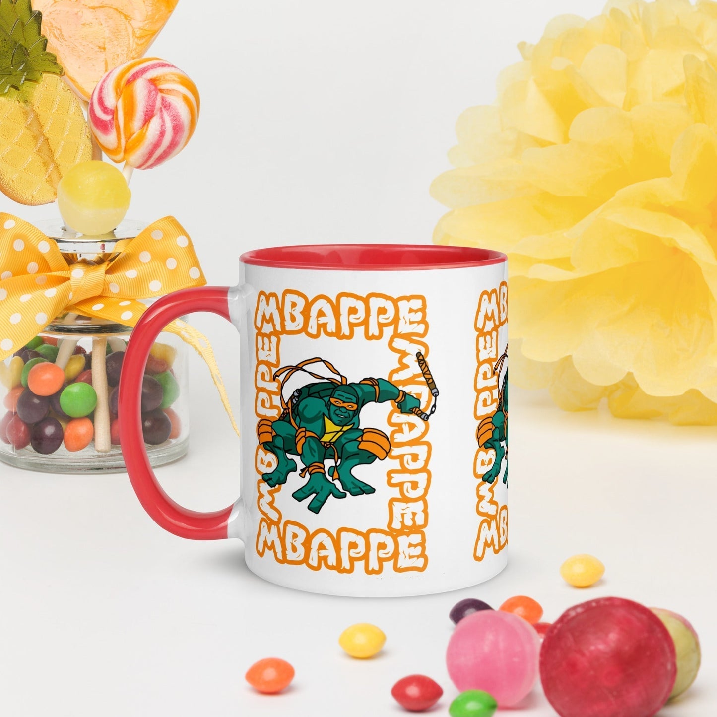 Kylian Mbappe Orange Ninja Turtle Michelangelo Mug with Color Inside Mugs Football Kylian Mbappe Ninja Turtles PSG Real Madrid Next Cult Brand