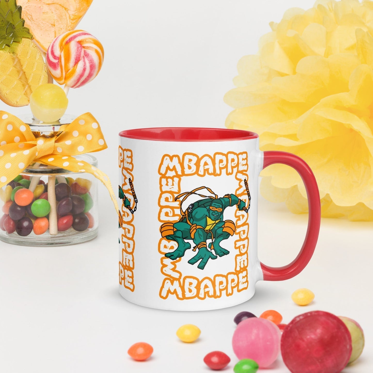 Kylian Mbappe Orange Ninja Turtle Michelangelo Mug with Color Inside Red Mugs Football Kylian Mbappe Ninja Turtles PSG Real Madrid Next Cult Brand