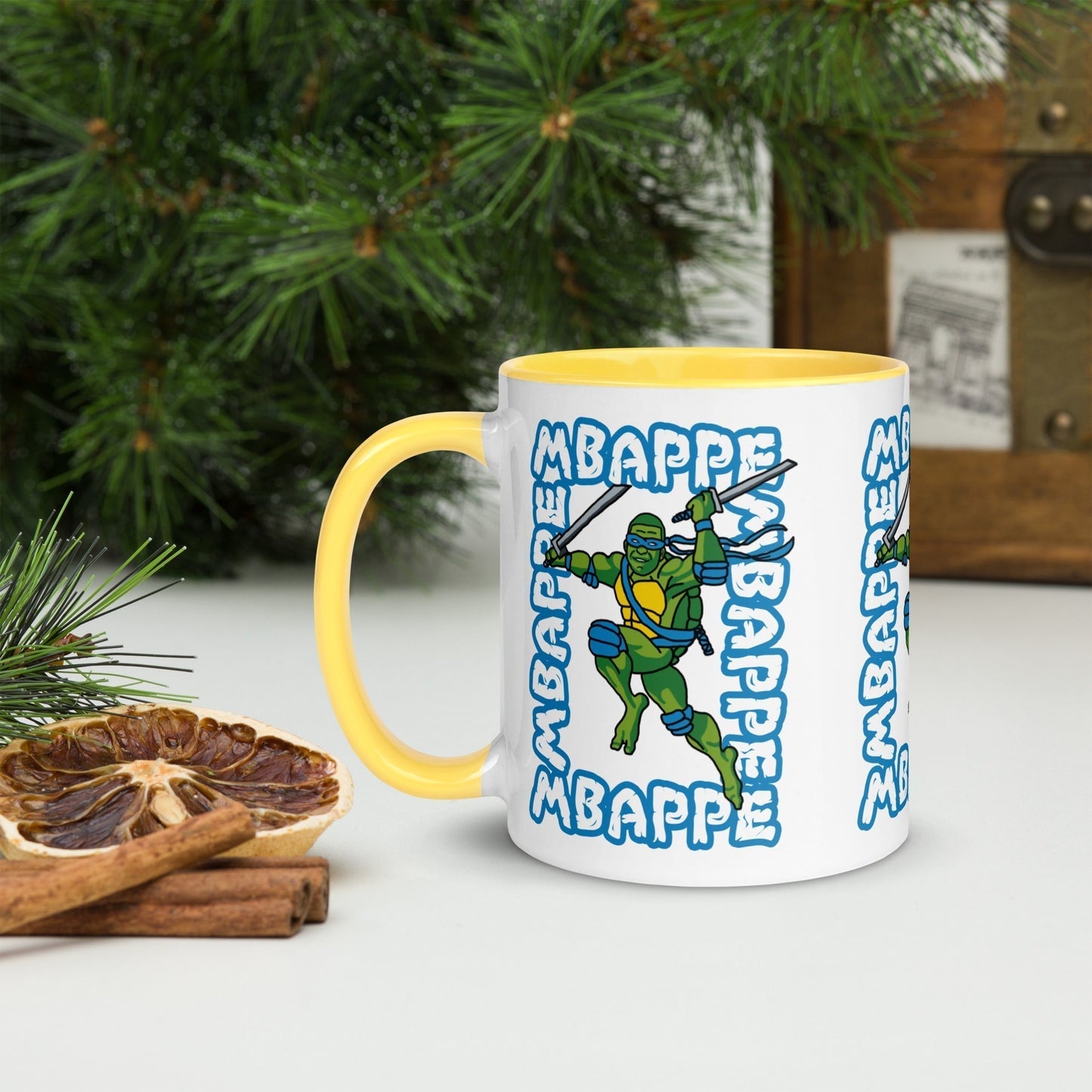 Kylian Mbappe Blue Ninja Turtle Leonardo Mug with Color Inside Yellow Mugs Football Kylian Mbappe Ninja Turtles PSG Real Madrid Next Cult Brand
