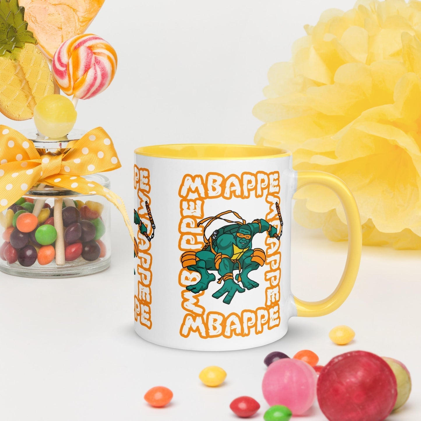 Kylian Mbappe Orange Ninja Turtle Michelangelo Mug with Color Inside Yellow Mugs Football Kylian Mbappe Ninja Turtles PSG Real Madrid Next Cult Brand