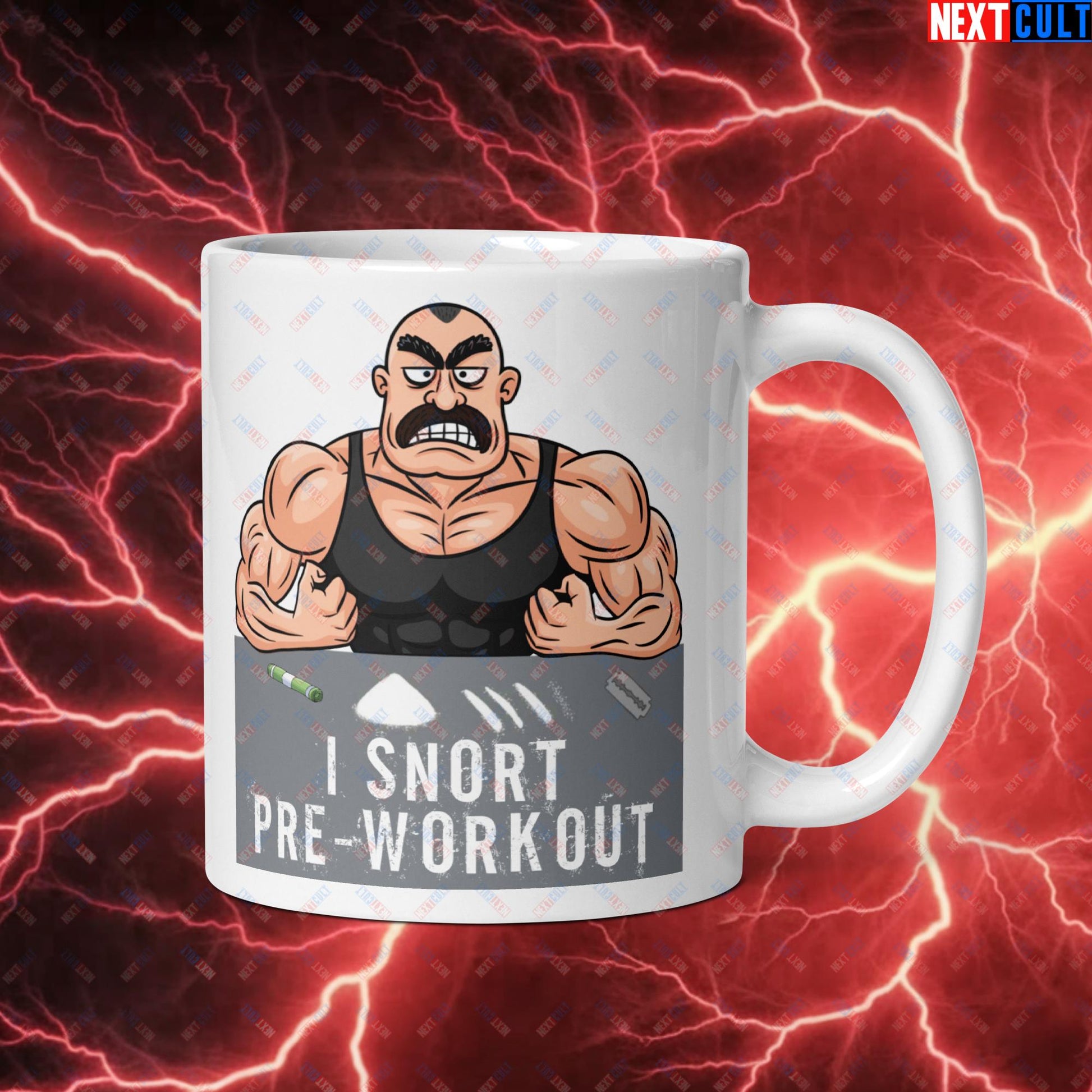 I Snort Pre-workout Gym Bro Fitness Bodybuilding Workout Weightlifting Powerlifting Funny Meme Cartoon White glossy mug Default Title Mugs Next Cult Brand
