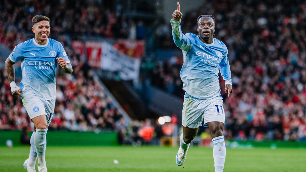 Jérémy Doku celebrates Manchester City's goal at Anfield against Liverpool on October 11 2026
