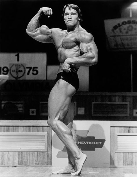 Prime Arnold Schwarzenegger posing during his Golden Era bodybuilding career