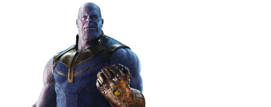 Thanos from Avengers: Infinity War wearing dark armor and displaying the Infinity Gauntlet