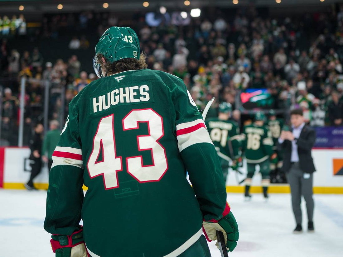 Quinn Hughes wearing his Minnesota Wild No. 43 jersey during the 2026 NHL season