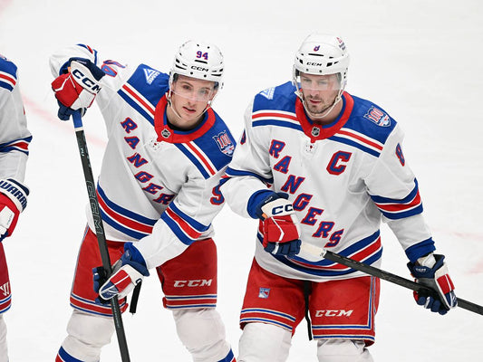 Gabe Perreault and J.T. Miller in New York Rangers uniforms