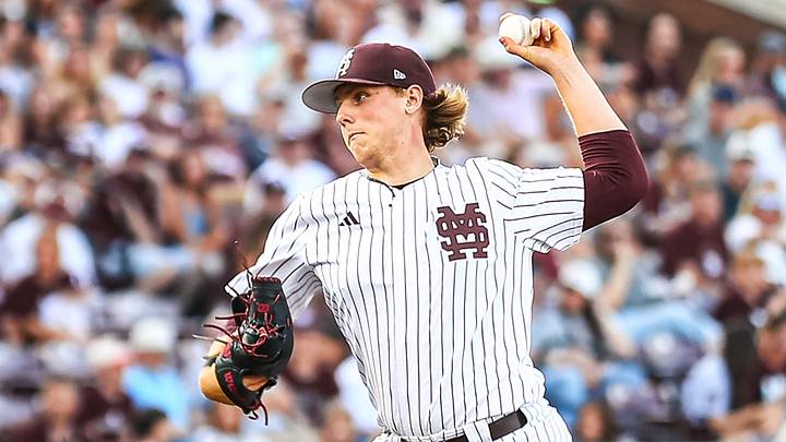 Tomas Valincius pitching for Mississippi State as a top 2027 MLB Draft prospect
