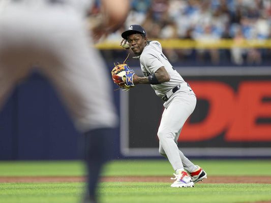 Jazz Chisholm Jr. fielding for the Yankees against Tampa Bay