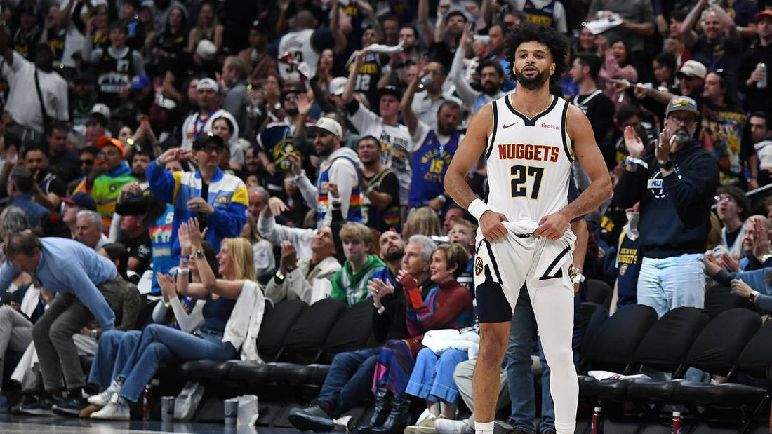 Jamal Murray, number 27, stands in his Denver Nuggets jersey during the 2026 playoffs