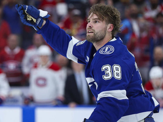 Brandon Hagel celebrates in Tampa Bay Lightning colors during the 2026 season