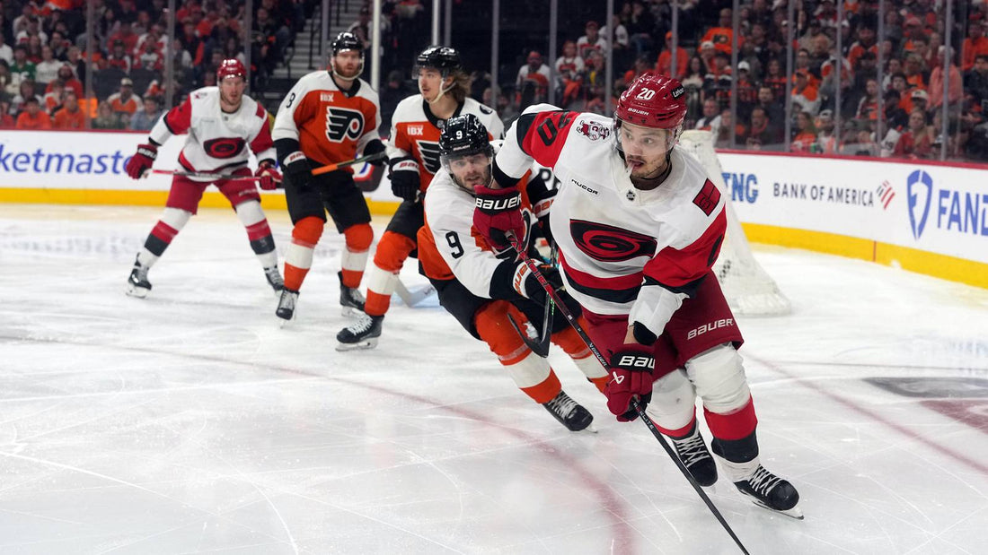 Sebastian Aho carries the puck for Carolina against Philadelphia in the 2026 Stanley Cup Playoffs