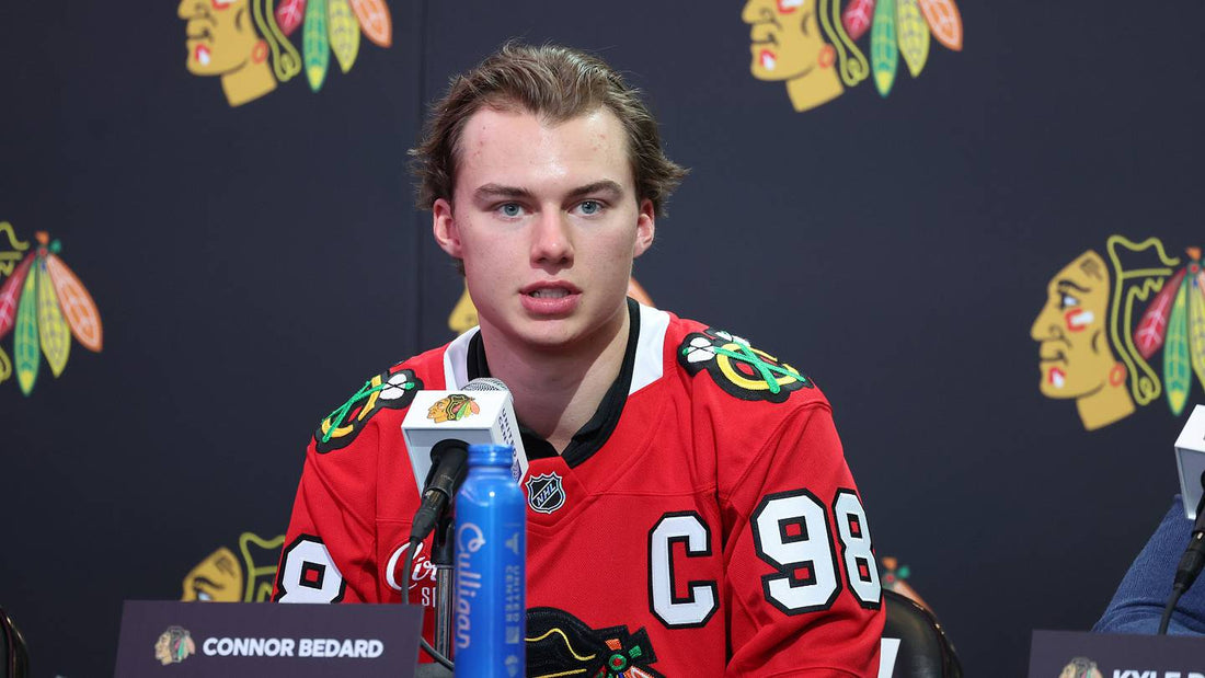 Connor Bedard wearing the captain's C in a 2026 Chicago Blackhawks jersey