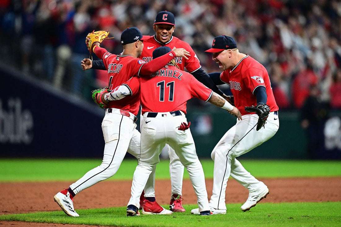 Cleveland Guardians players celebrate their 2026 postseason advancement at Progressive Field