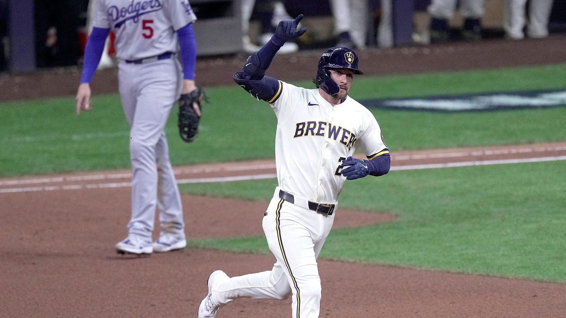 Brice Turang celebrates his home run against the Dodgers in the 2026 NLCS opener
