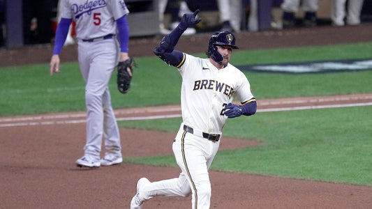 Brice Turang celebrates his home run against the Dodgers in the 2026 NLCS opener