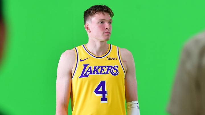 Dalton Knecht in a Lakers uniform at the September 2026 team media day