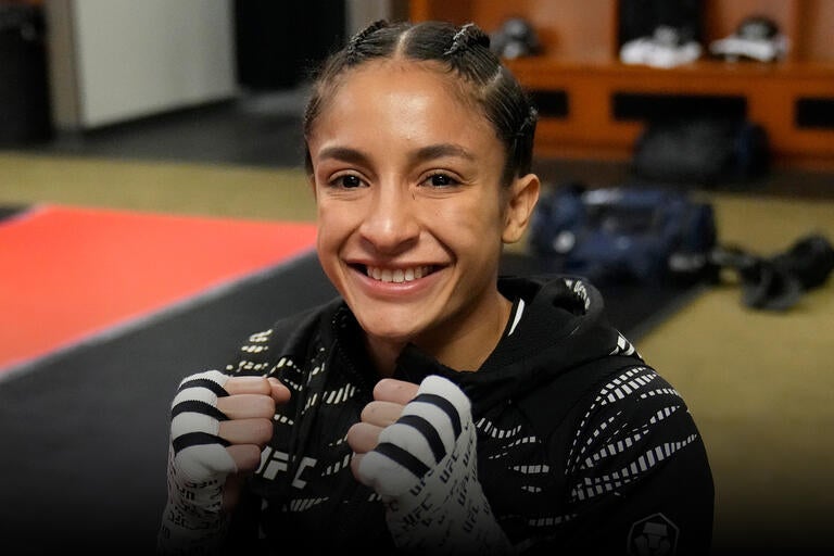 Jaqueline Amorim in UFC training attire during 2025 fight week