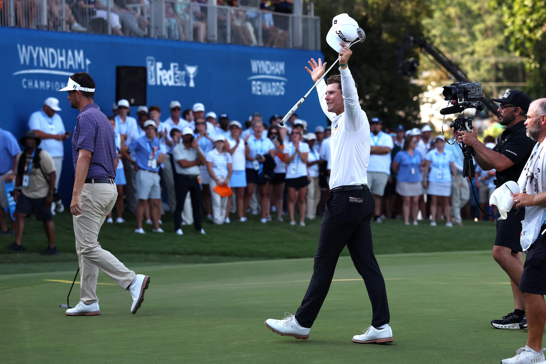 Michael Brennan celebrating his August 2026 Wyndham Championship win, before his October triumph in Japan