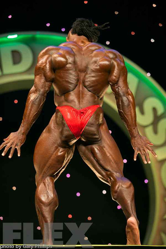 Kai Greene displaying his deeply developed back in a rear bodybuilding pose