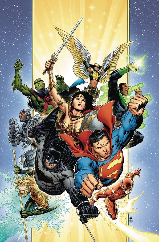 Justice League comic illustration showing Superman, Wonder Woman, Batman, Aquaman, Green Lantern and other heroes in action