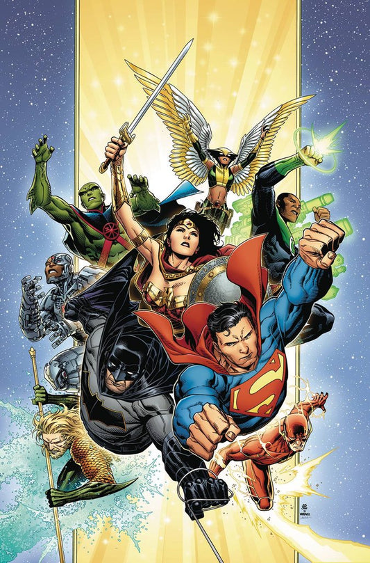 Justice League comic illustration showing Superman, Wonder Woman, Batman, Aquaman, Green Lantern and other heroes in action
