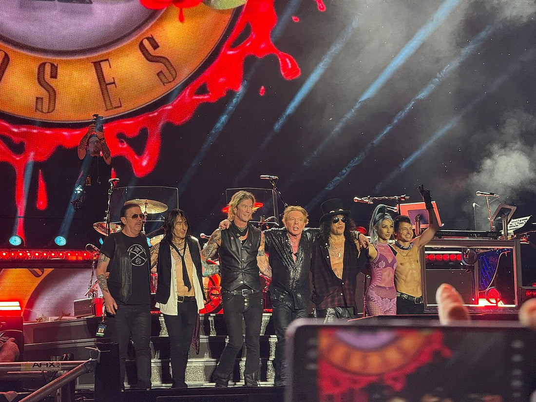 Guns N' Roses performing live onstage in Belgrade in 2025, with band members and concert lighting
